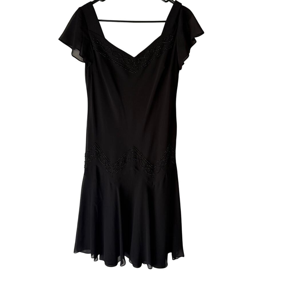 S.L. Fashions Black Beaded Flare Dress Size 8 Vintage Y2K Chiffon Overlay